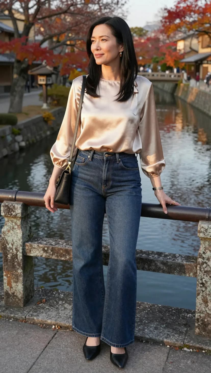 Champagne Satin Blouse + Blue Denim Wide-Leg Jeans