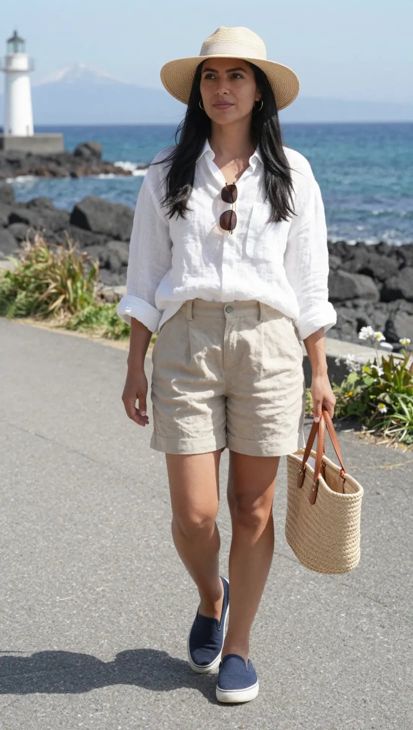 White Linen Button-Up Shirt + Beige Linen Shorts