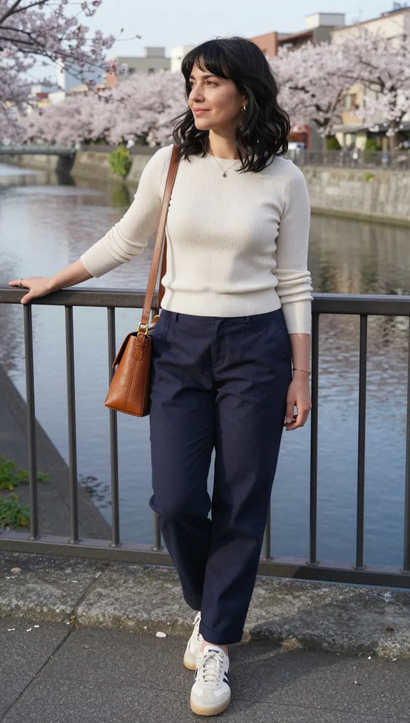 Cream Ribbed Knit Sweater + Navy Twill Trousers + White Leather Sneakers