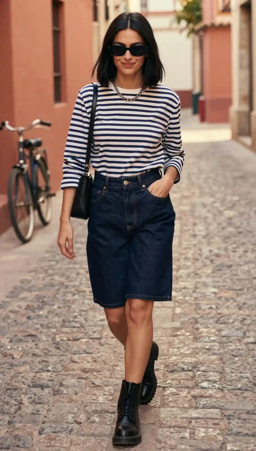 Striped Long-Sleeve Top + Dark Wash Denim Jorts + Chunky Black Boots