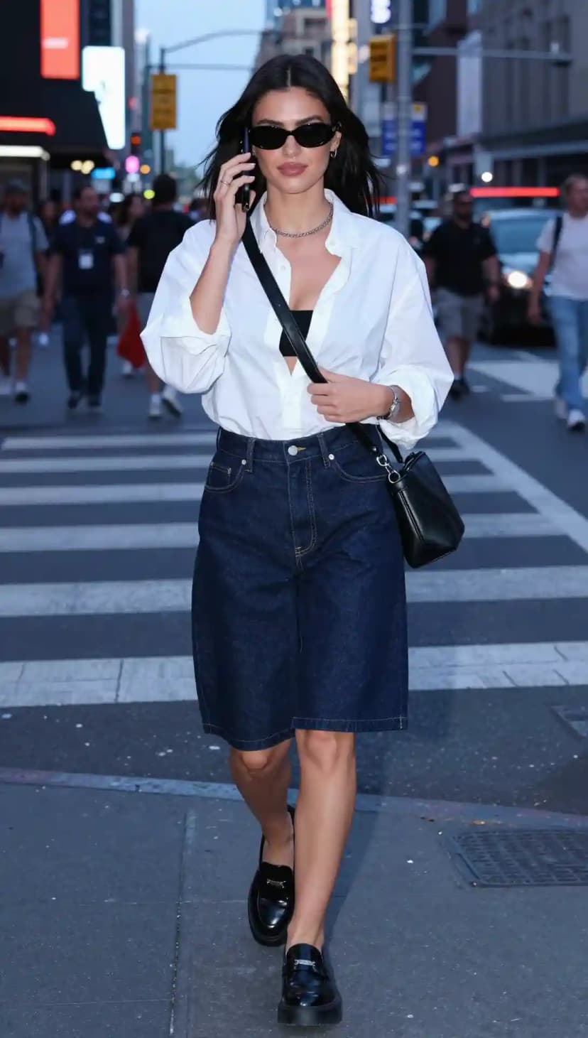 White Oversized Shirt + Dark Wash Denim Jorts + Black Bra Top
