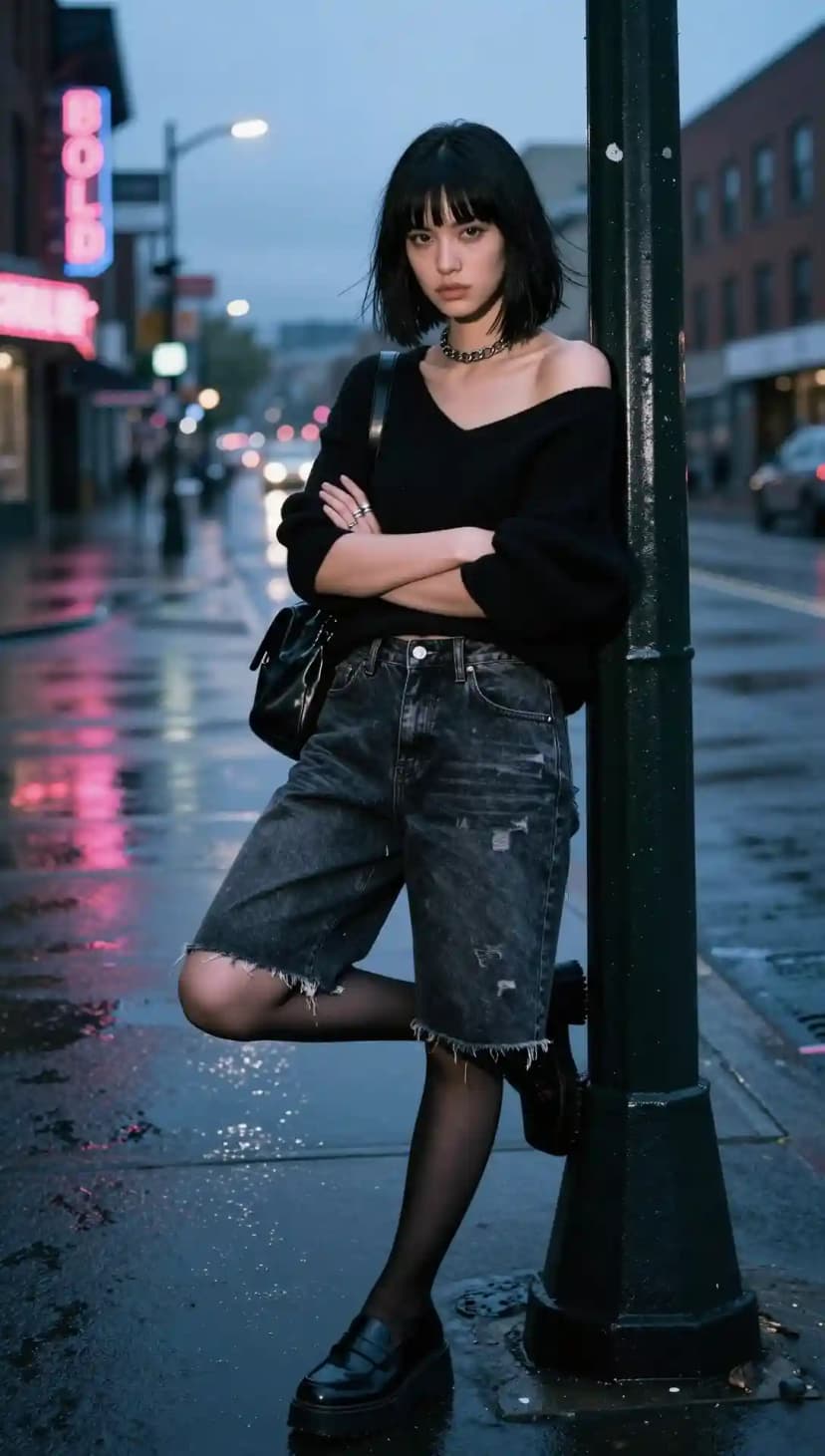 Black Off-the-Shoulder Sweater + Distressed Jorts + Black Loafers