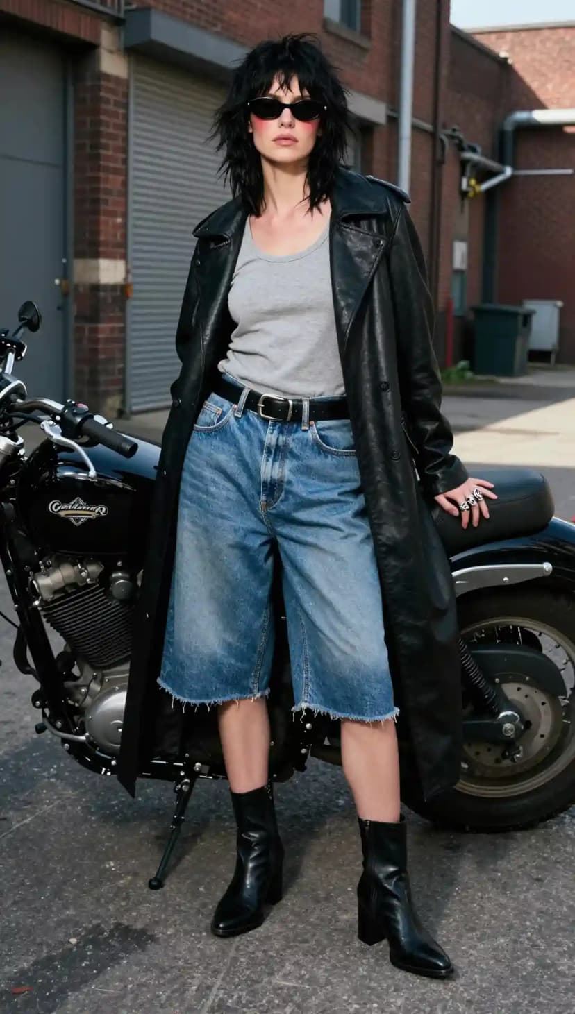 Black Leather Trench Coat + Grey Tank Top + Wide-Leg Denim Jorts + Black Heeled Boots
