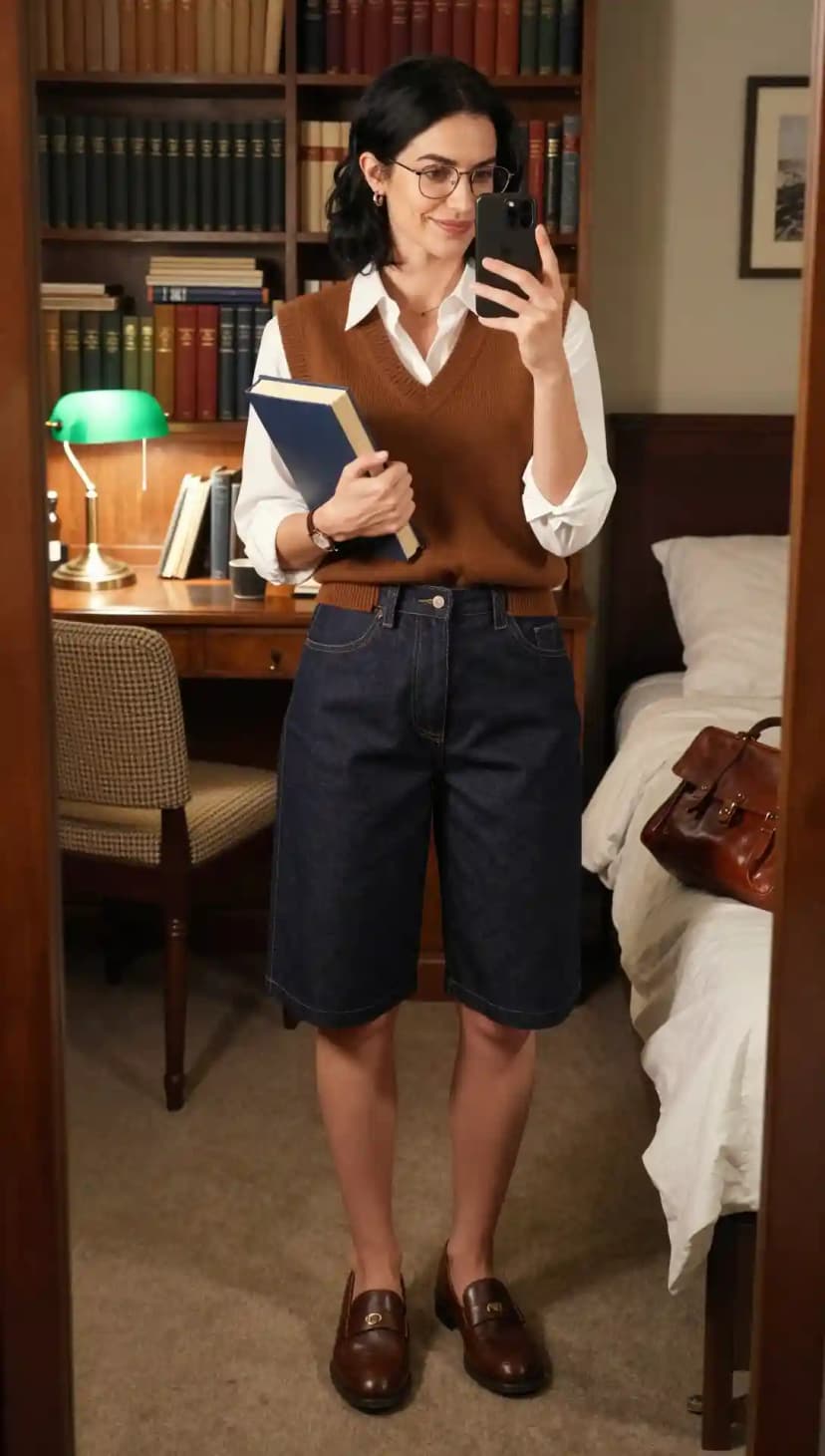 White Button-Down Shirt + Brown V-Neck Vest + Dark Wash Denim Jorts