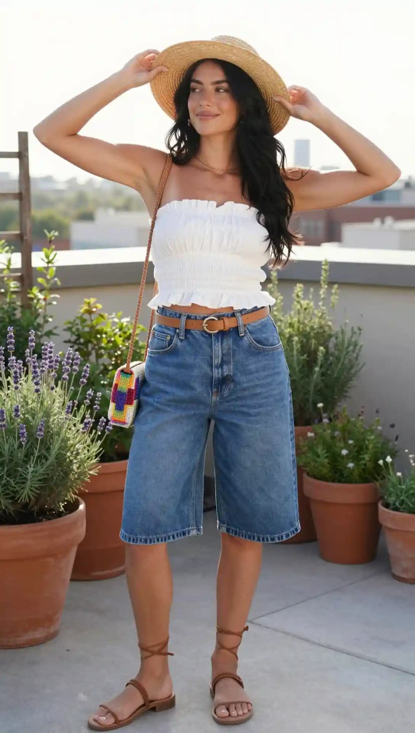 White Smocked Tube Top + Blue Denim Jorts + Brown Belt + Straw Hat + Beaded Crossbody Bag + Lace-Up Sandals