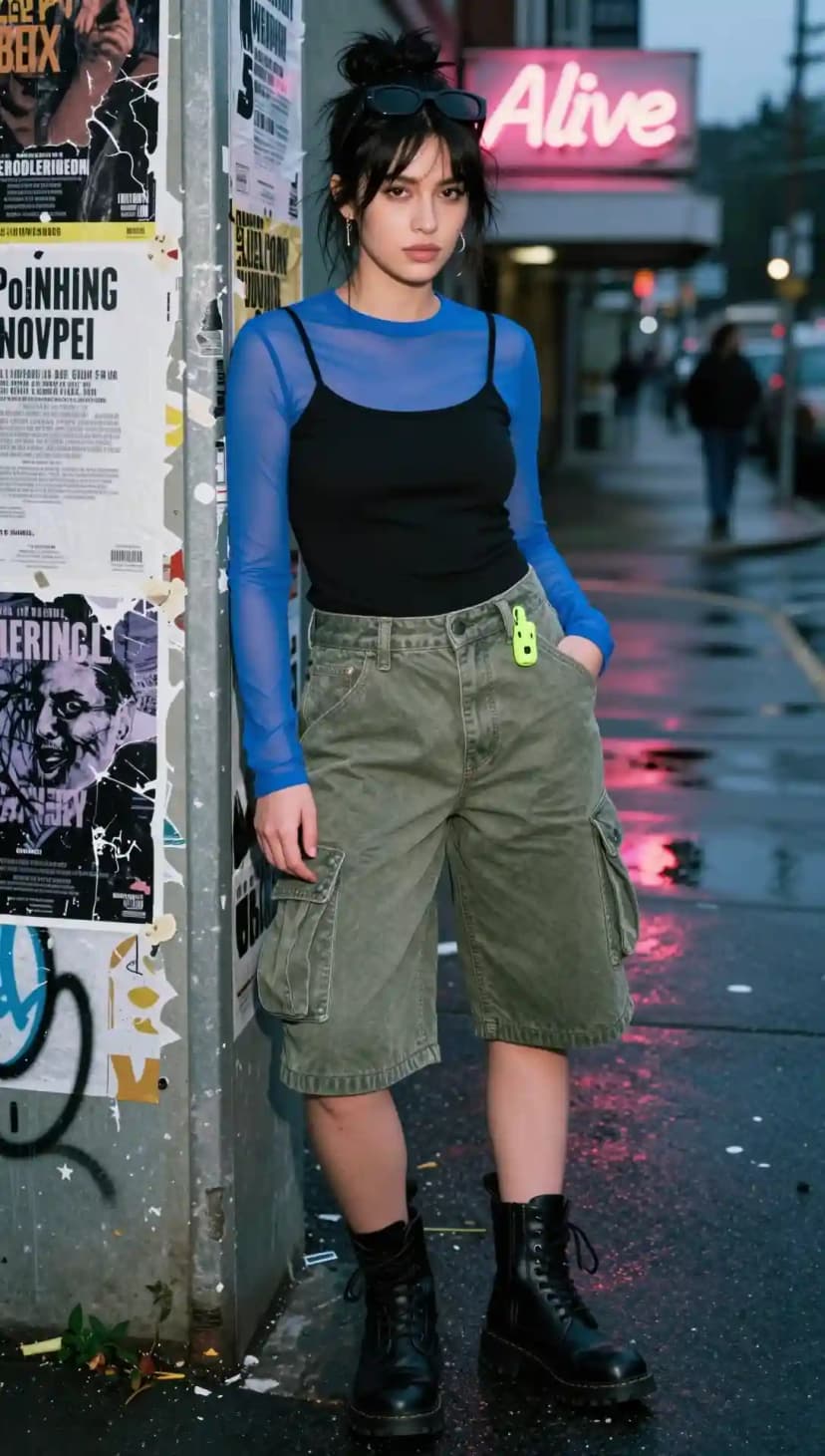 Mesh Long Sleeve Top + Black Camisole + Olive Cargo Jorts + Black Combat Boots