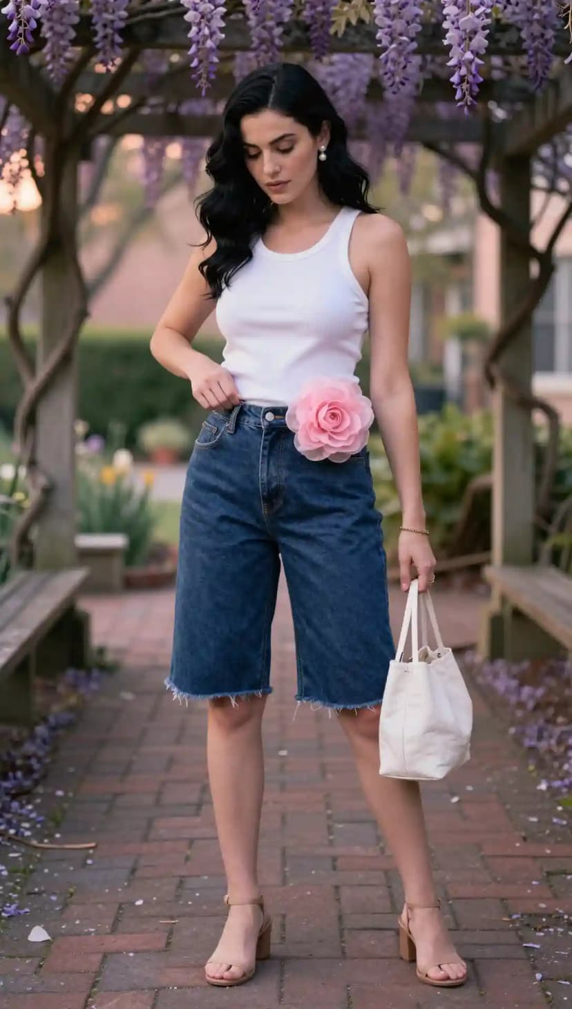 White Ribbed Tank Top + Mid Wash Denim Jorts + Nude Block Heels + Canvas Tote Bag