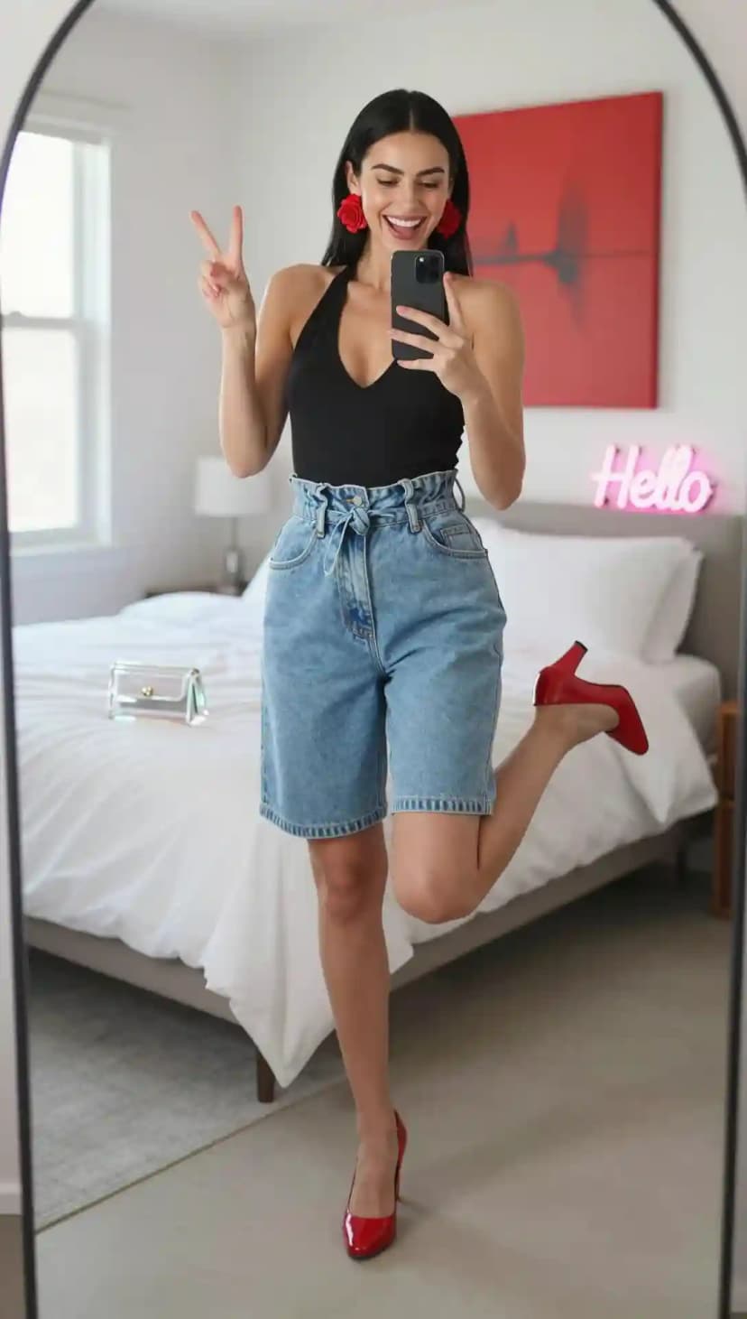 Black Halter Top + Light Wash Paperbag Waist Jorts + Red Heels + Rose Earrings