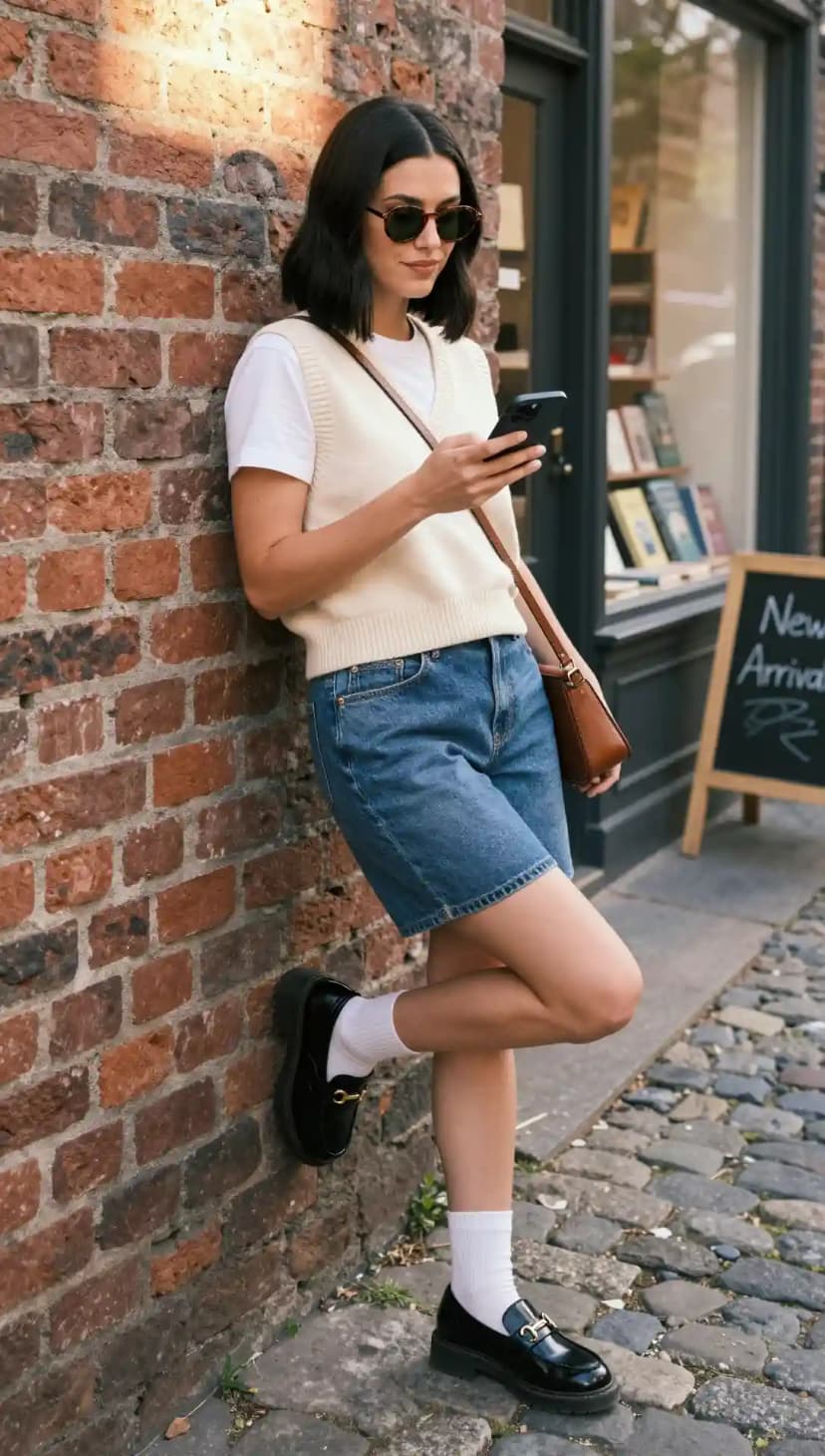 White T-shirt + Cream Knit Vest + Denim Jorts + Black Loafers