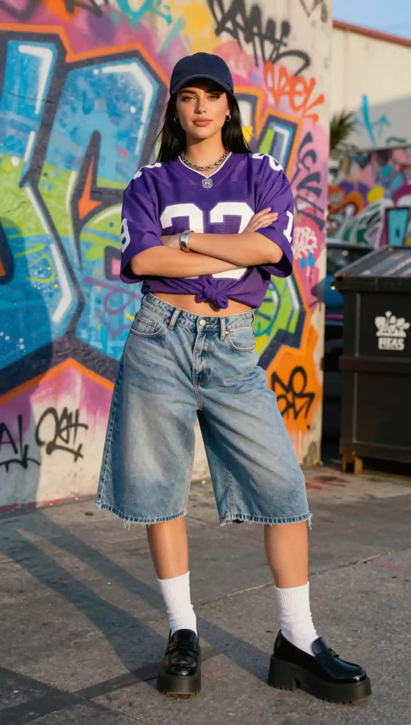Purple Football Jersey + Light Wash Wide-Leg Jorts + Black Loafers