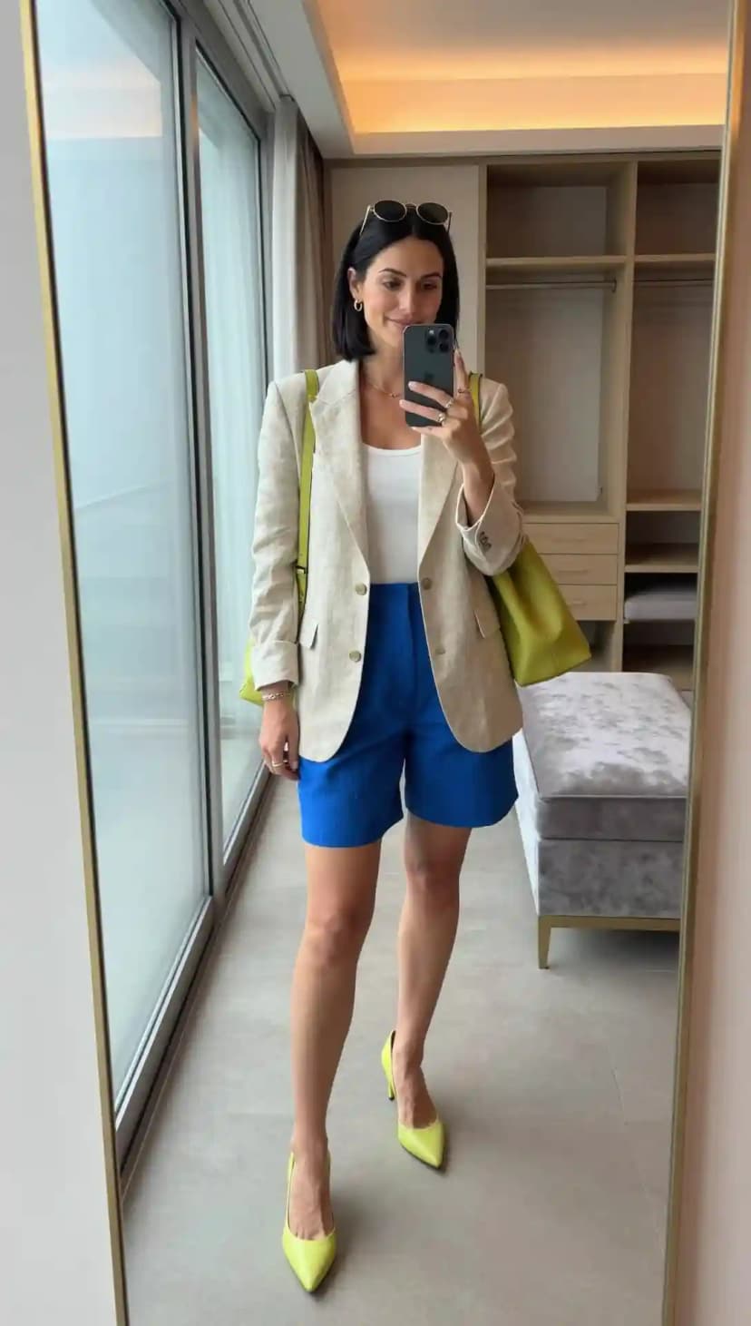 Beige Linen Blazer + Royal Blue Jorts + White Tank Top