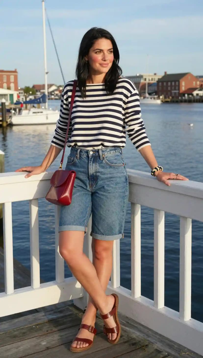 Striped Long Sleeve Top + Light Wash Denim Jorts + Burgundy Crossbody Bag + Leather Sandals