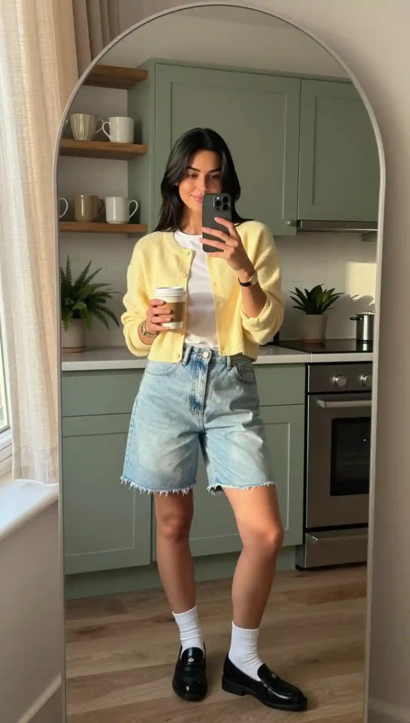 Light Wash Denim Jorts + White T-Shirt + Yellow Cardigan