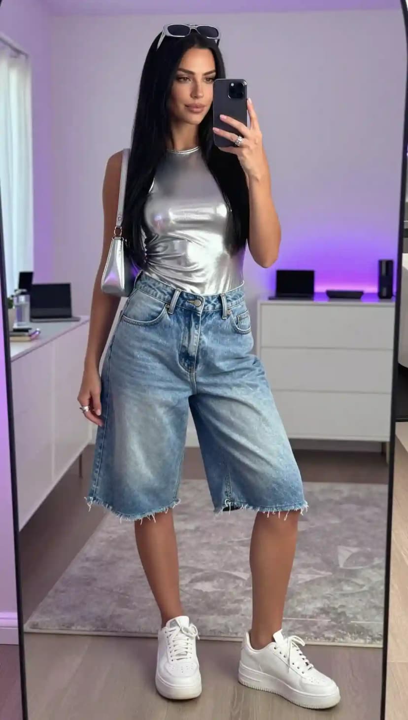 Silver Metallic Bodysuit + Light Wash Distressed Jorts + White Platform Sneakers