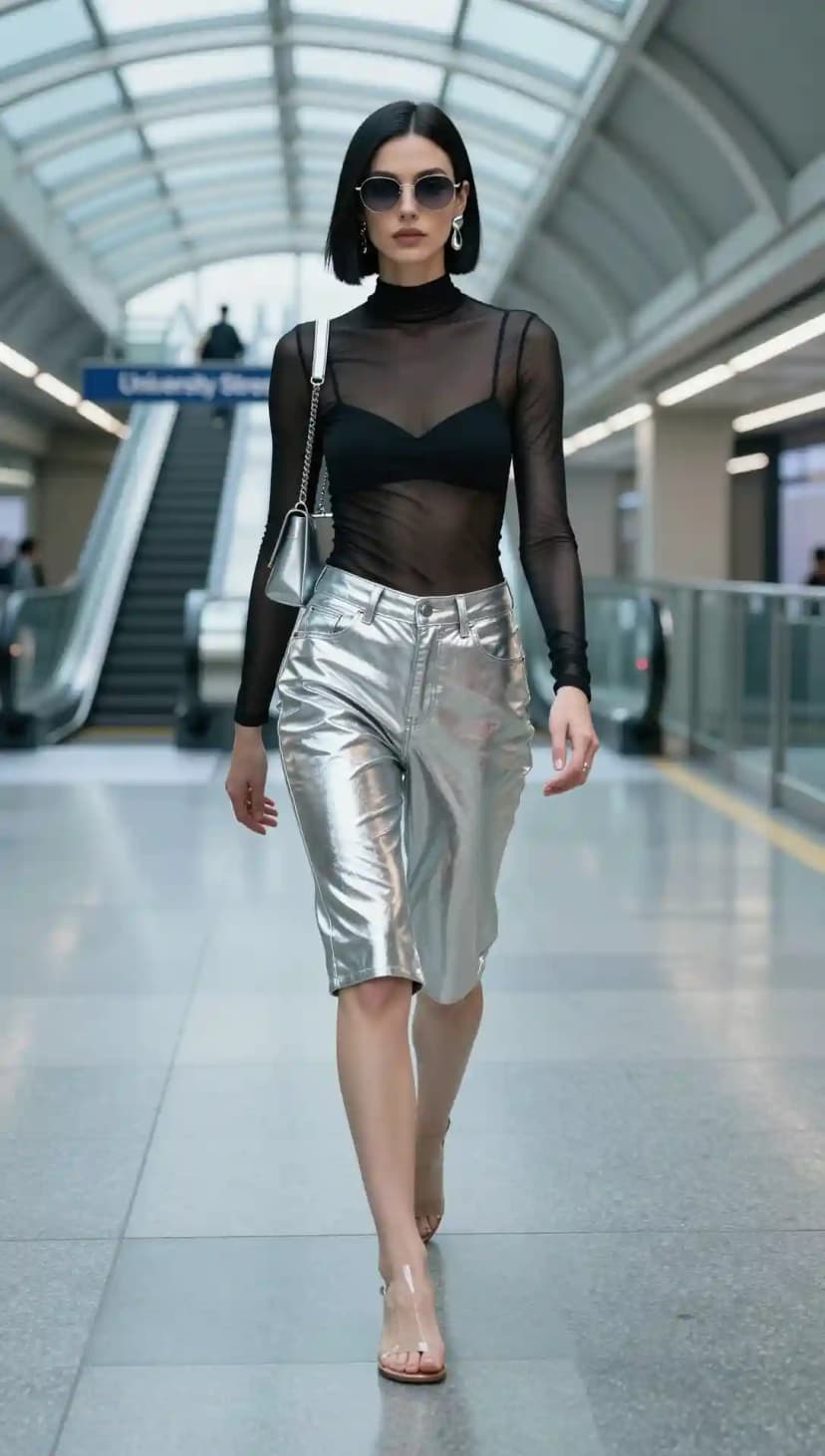 Black Mesh Turtleneck + Silver Metallic Jorts + Clear Strap Heels