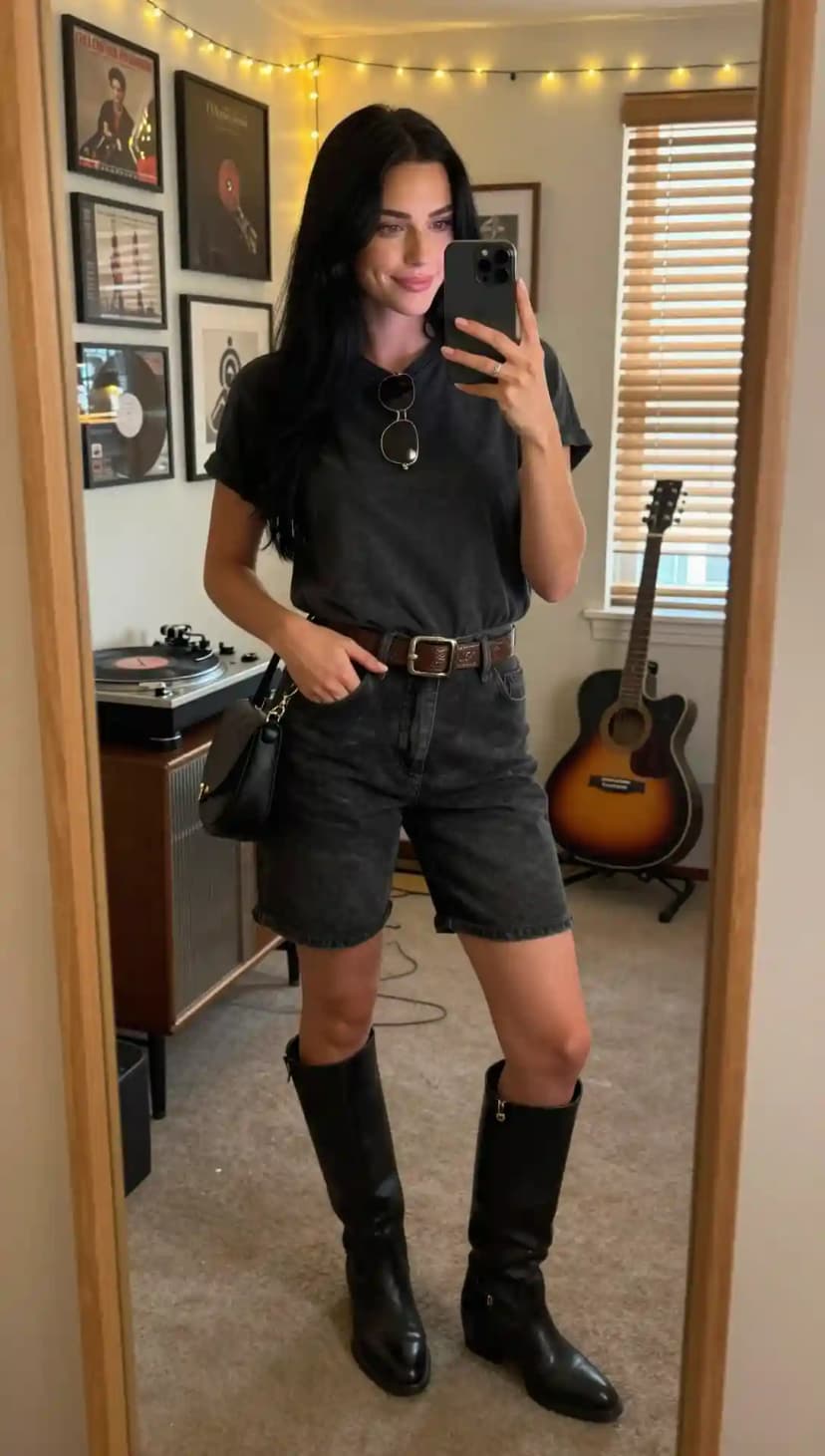 Charcoal Wash Jorts + Oversized Charcoal T-Shirt + Black Knee-High Boots