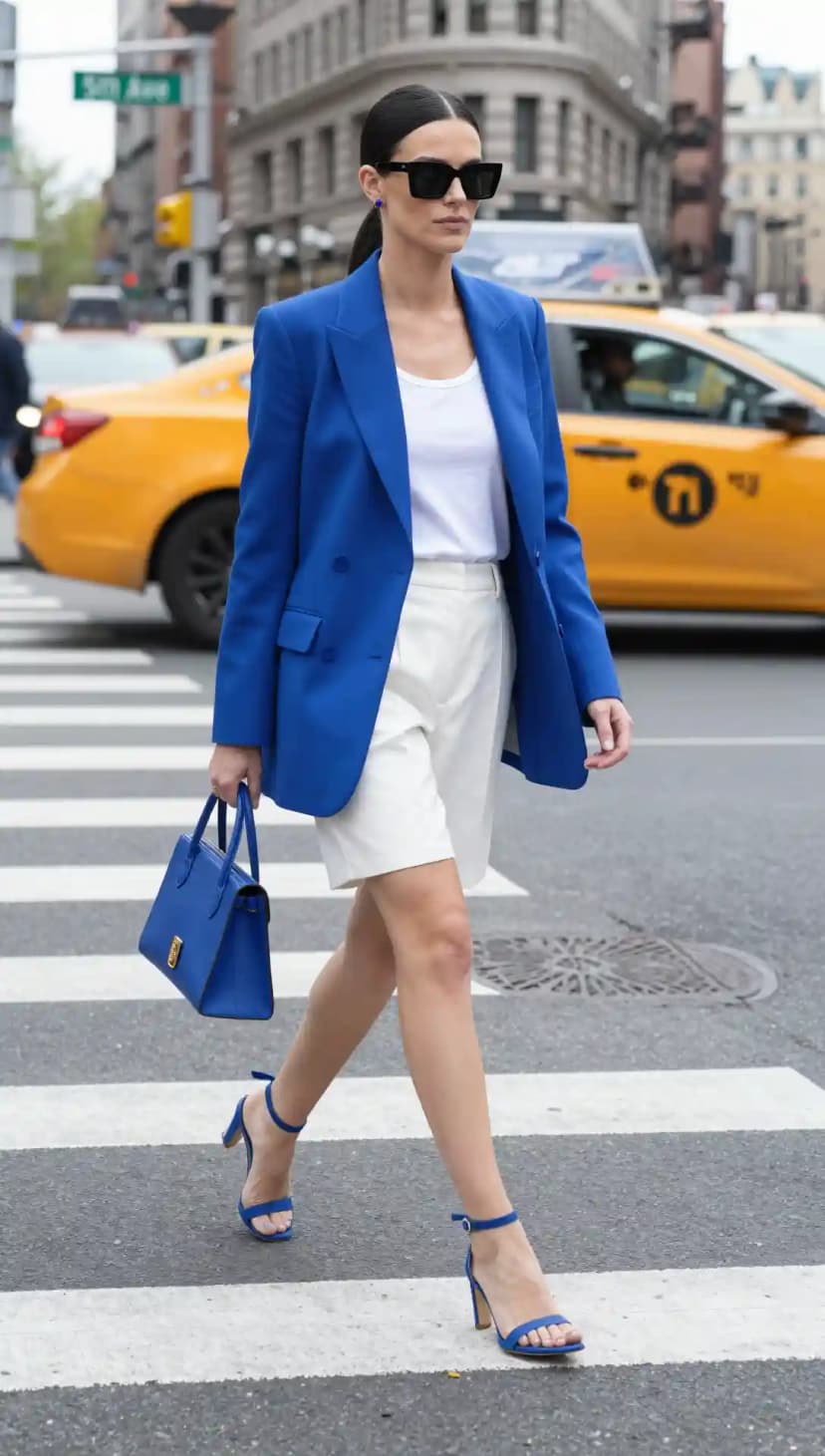 Royal Blue Blazer + White Tailored Shorts + White T-shirt