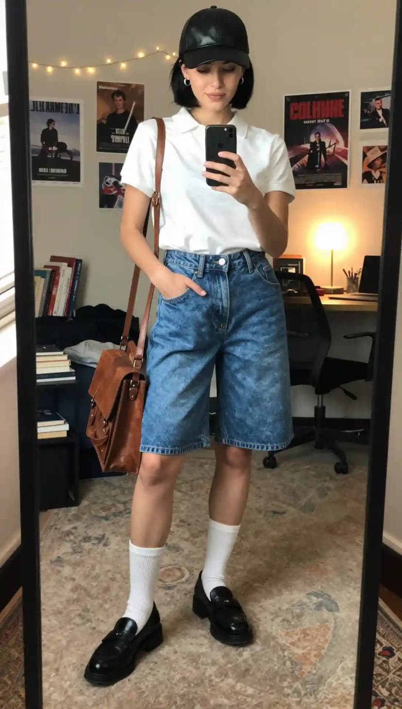 White Polo Shirt + Acid Wash Jorts + Black Loafers + Leather Cap
