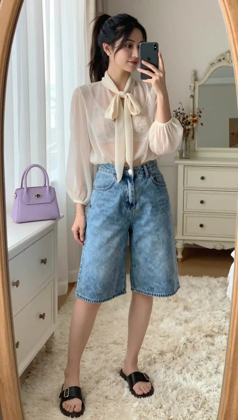 Sheer Bow Blouse + Acid Wash Jorts + Lavender Top Handle Bag
