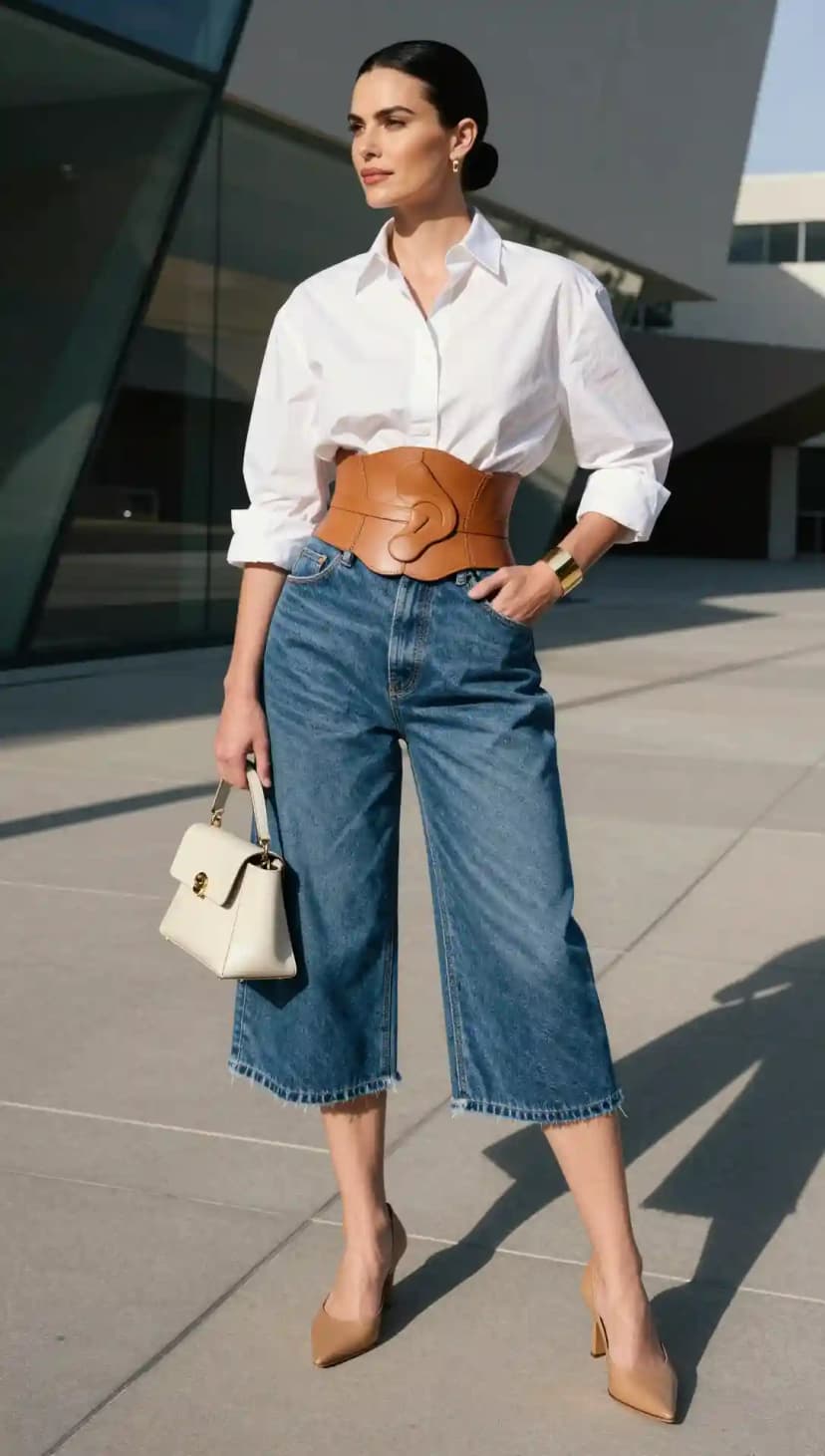 White Button-Down Shirt + Cropped Wide-Leg Jeans + Brown Corset Belt