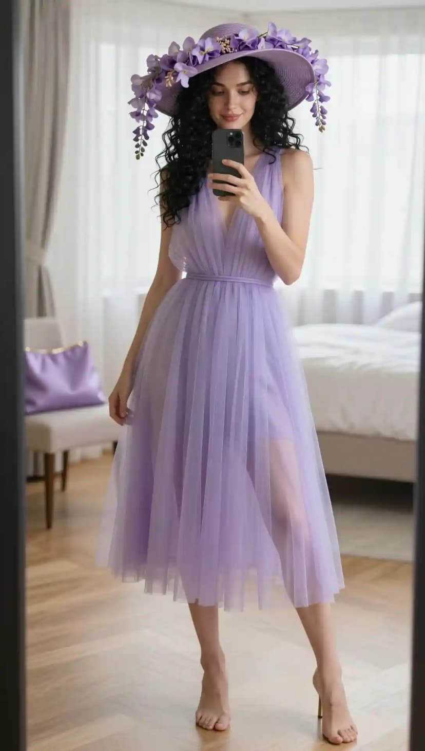 A soft lavender tulle dress with a full skirt paired with a wide hat decorated with trailing purple flowers