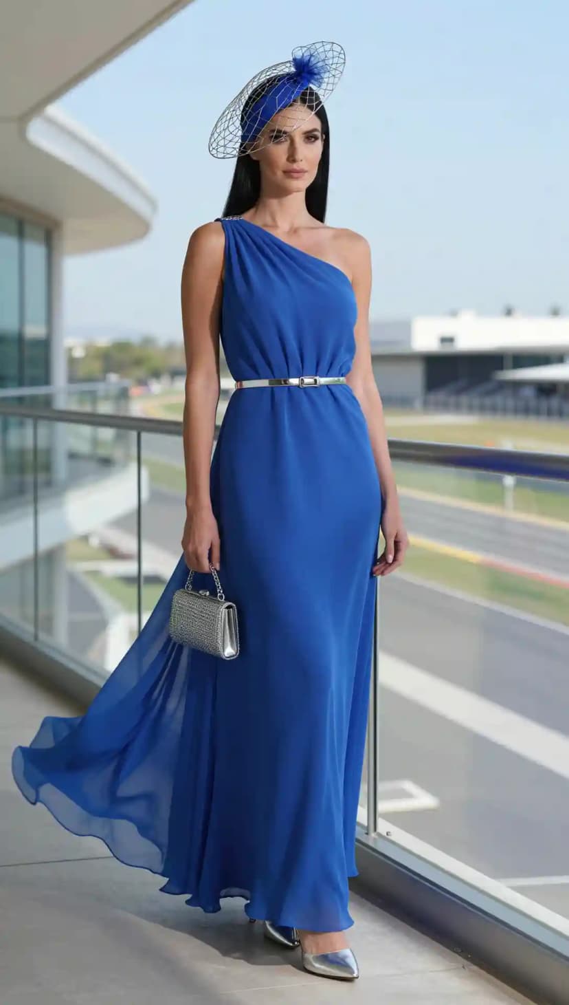 A sweeping royal blue chiffon maxi dress accessorized with a silver sash and silver fascinator