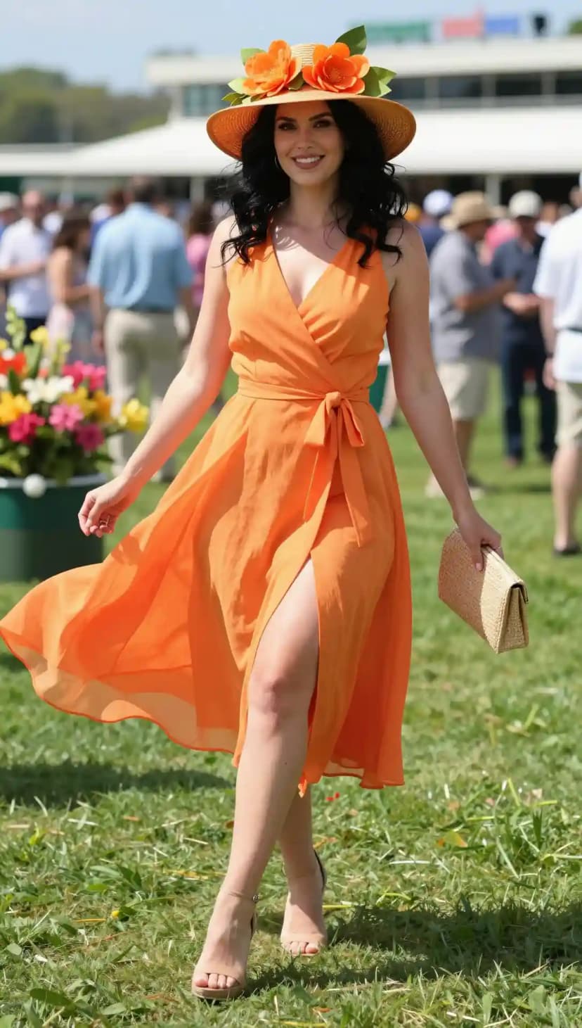 A bright, tiered orange chiffon dress paired with a wide straw hat decorated with massive orange silk flowers