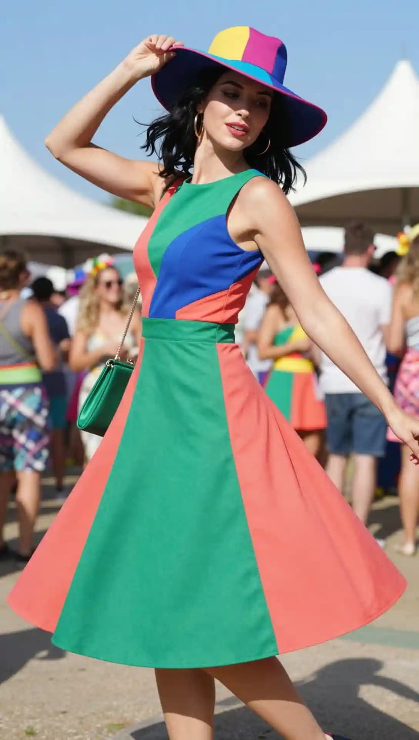 A bold A-line dress featuring striking blocks of contrasting colors, worn with a matching geometric hat
