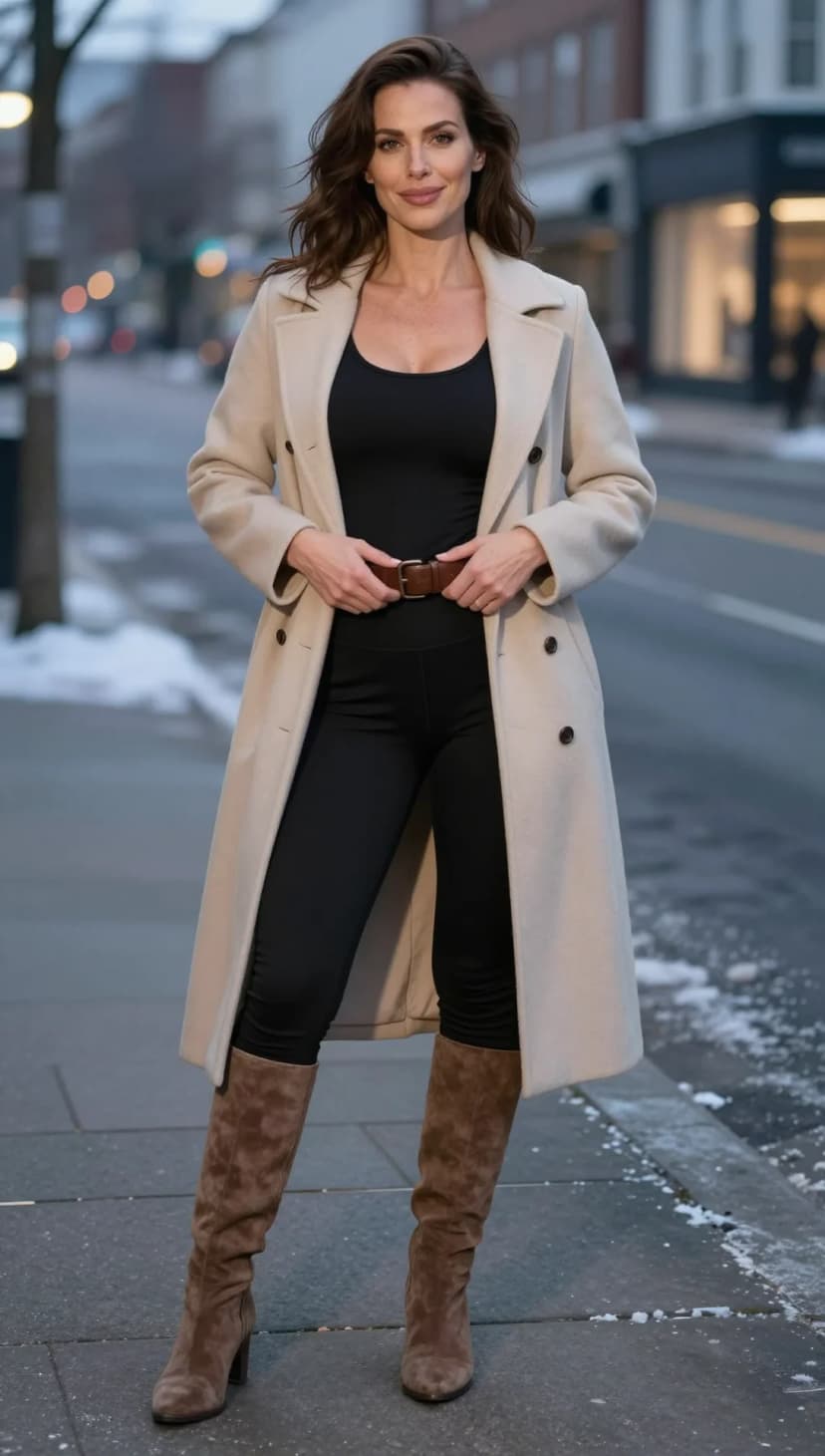Black Knit Bodysuit + Black Performance Leggings + Beige Wool Blend Long Coat + Brown Suede Knee-High Boots