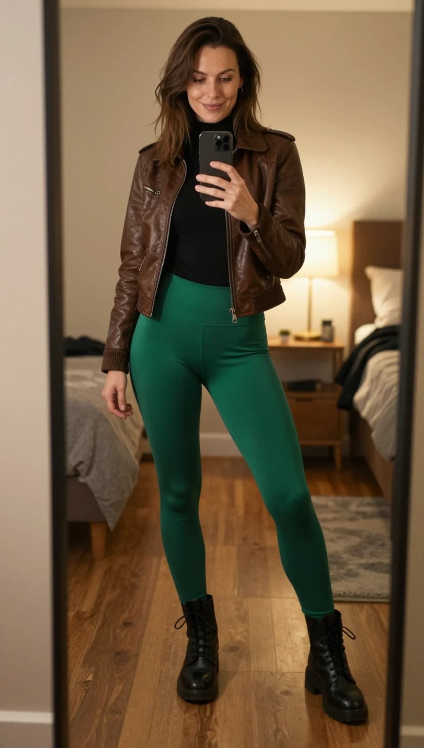 Black Turtleneck Top + Emerald Green High-Waisted Leggings + Black Leather Moto Jacket + Black Combat Boots