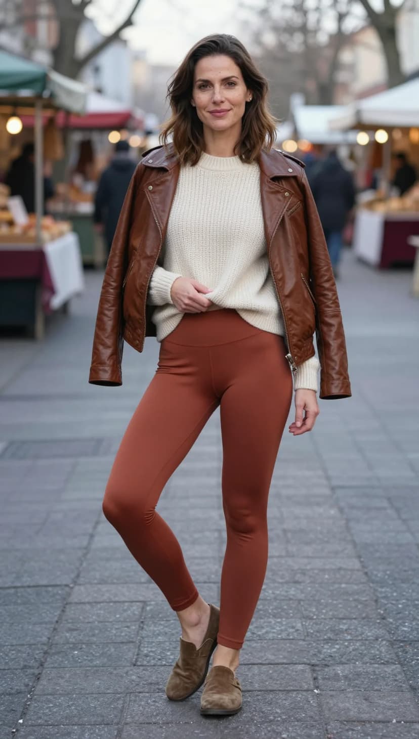 Cream Knit Sweater + Rust Seamless Leggings + Brown Suede Mules + Brown Leather Moto Jacket