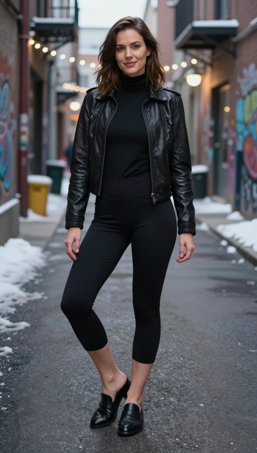 Black Faux Leather Moto Jacket + Black Turtleneck Top + Black Cropped Leggings + Black Leather Loafers