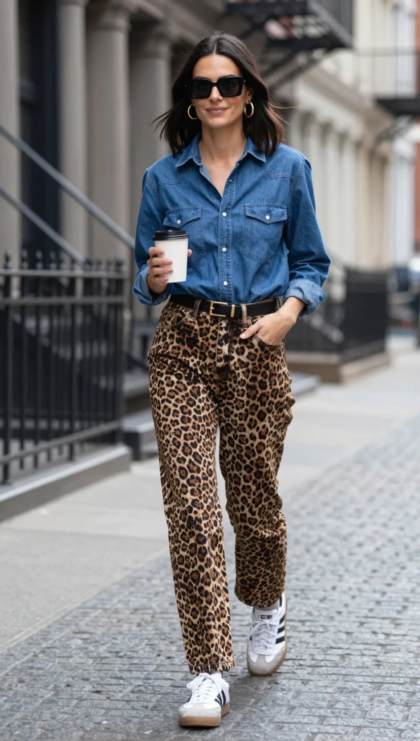 Leopard Print Pants + Denim Shirt + Gold Hoop Earrings