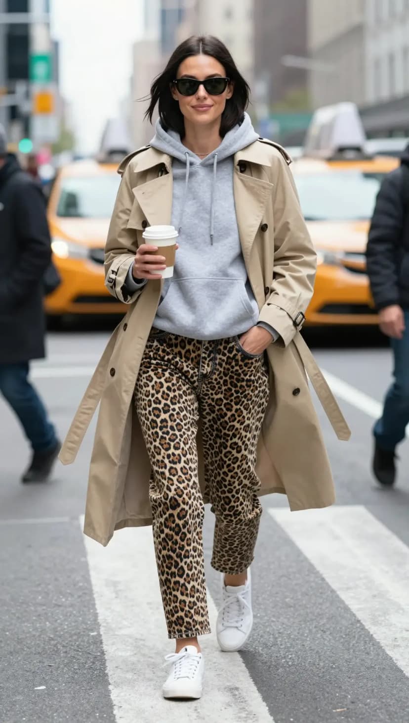Leopard Print Jeans + Grey Hoodie + Beige Trench Coat