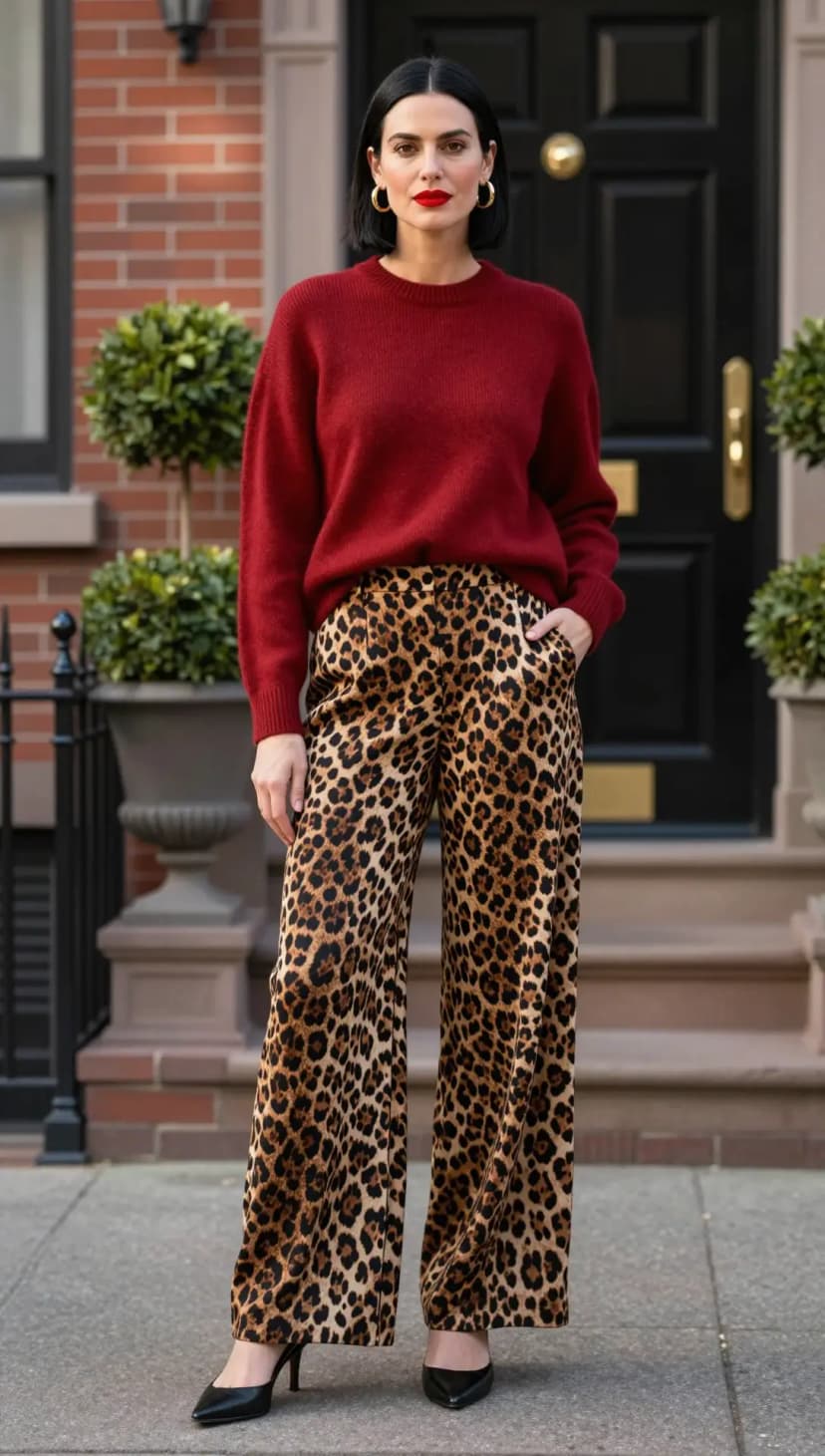 Maroon Crew Neck Sweater + Leopard Print Wide Leg Pants