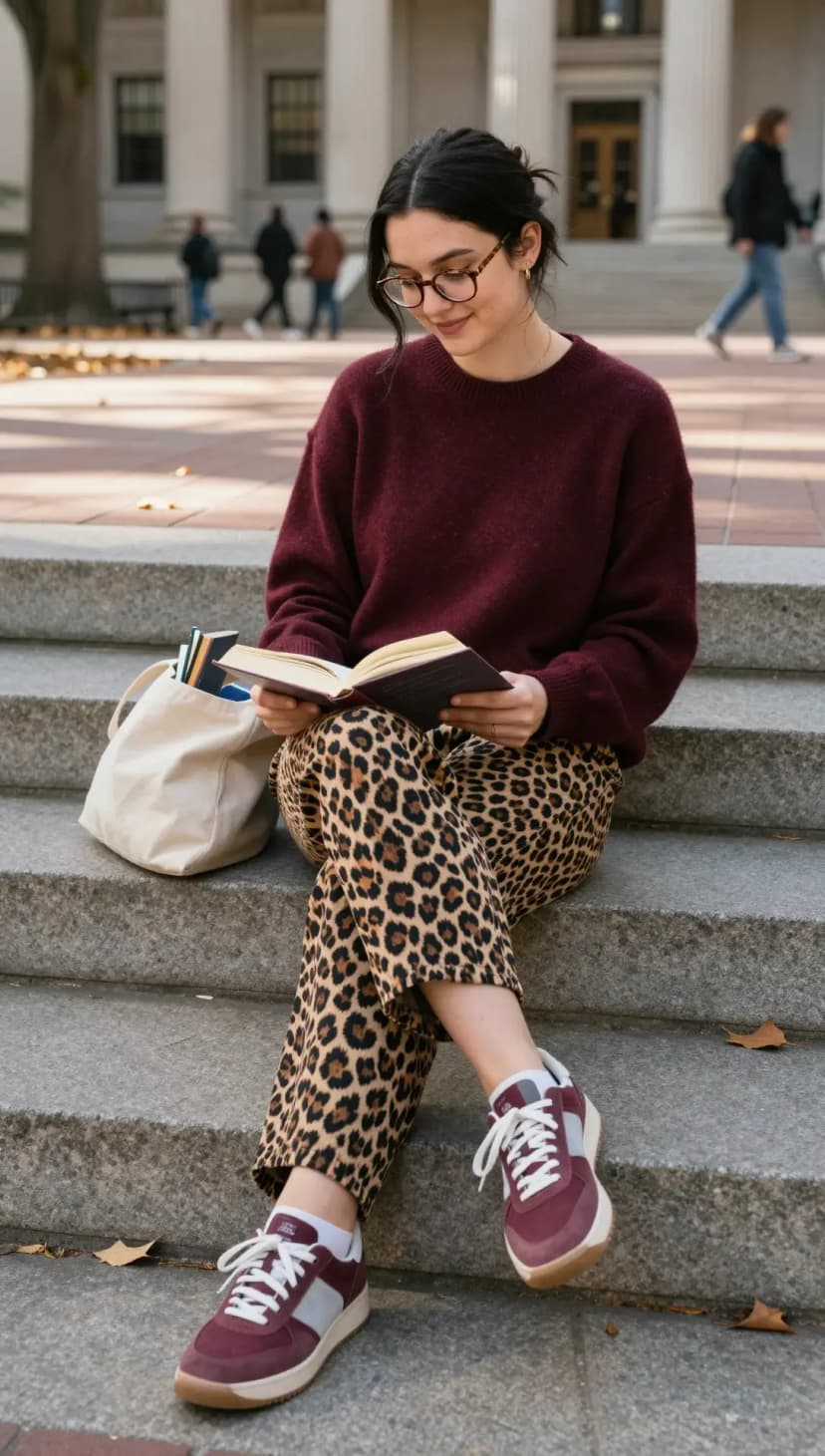 Burgundy Sweater + Leopard Print Pants + Burgundy Sneakers