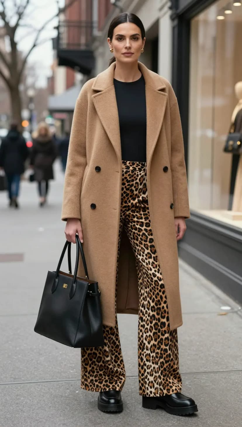 Leopard Print Pants + Black Bodysuit + Camel Coat