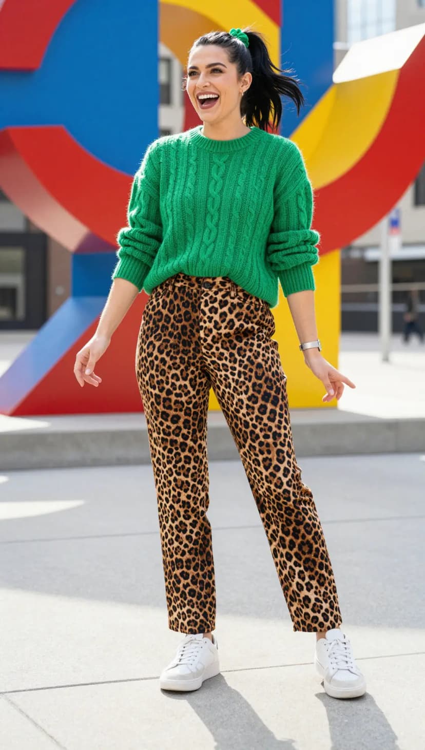 Green Cable-Knit Sweater + Leopard Print Pants + White Sneakers