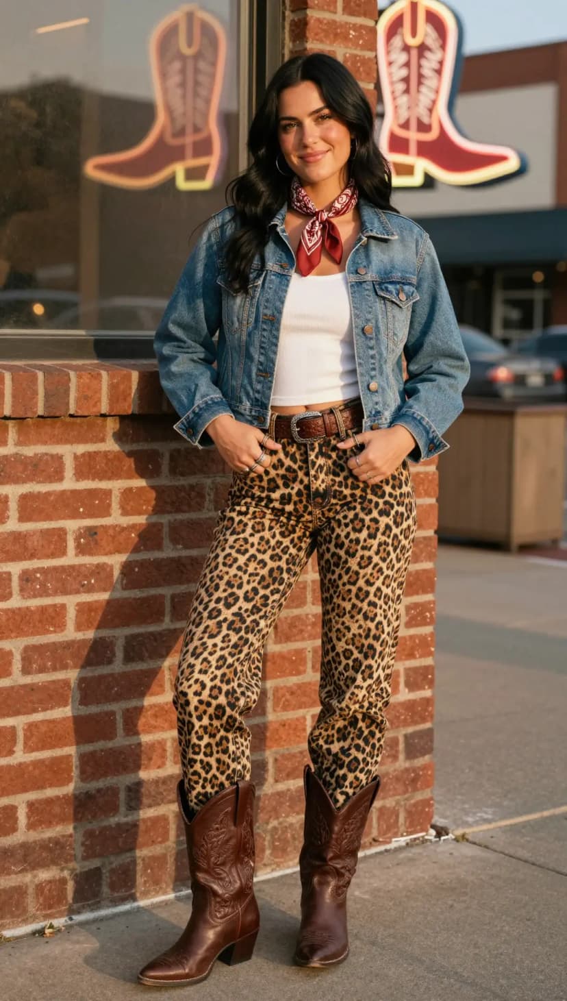 Leopard Print Pants + White Ribbed Tank Top + Denim Jacket + Brown Cowboy Boots