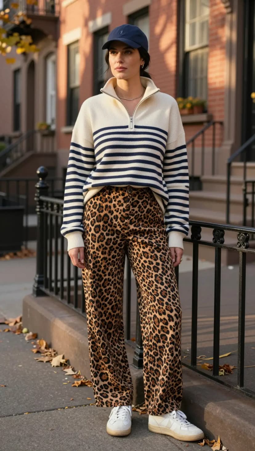 Cream and Navy Striped Quarter-Zip Sweater + Leopard Print Wide-Leg Pants + Navy Baseball Cap