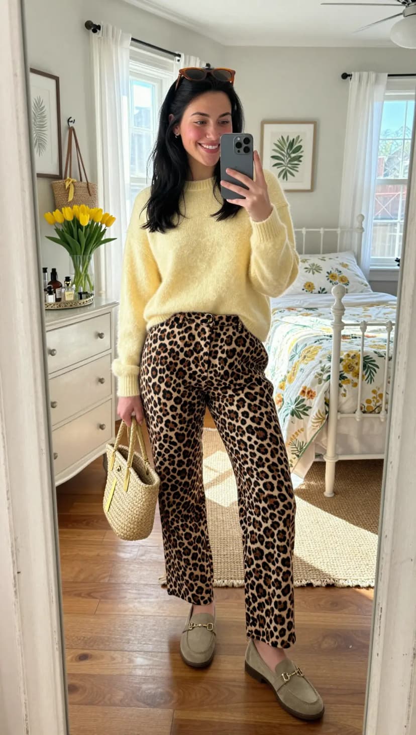 Leopard Print Pants + Yellow Fuzzy Sweater + Straw Tote Bag + Suede Loafers