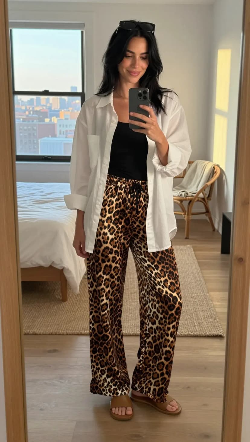 Leopard Print Wide Leg Pants + Black Tank Top + Oversized White Button-Down Shirt