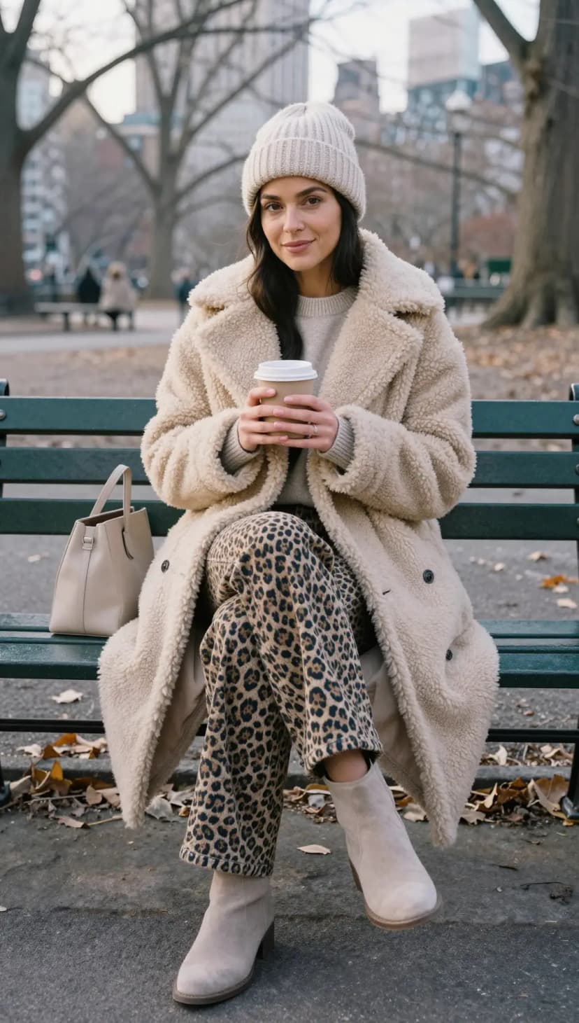 Leopard Print Pants + Cream Teddy Coat + Cream Beanie