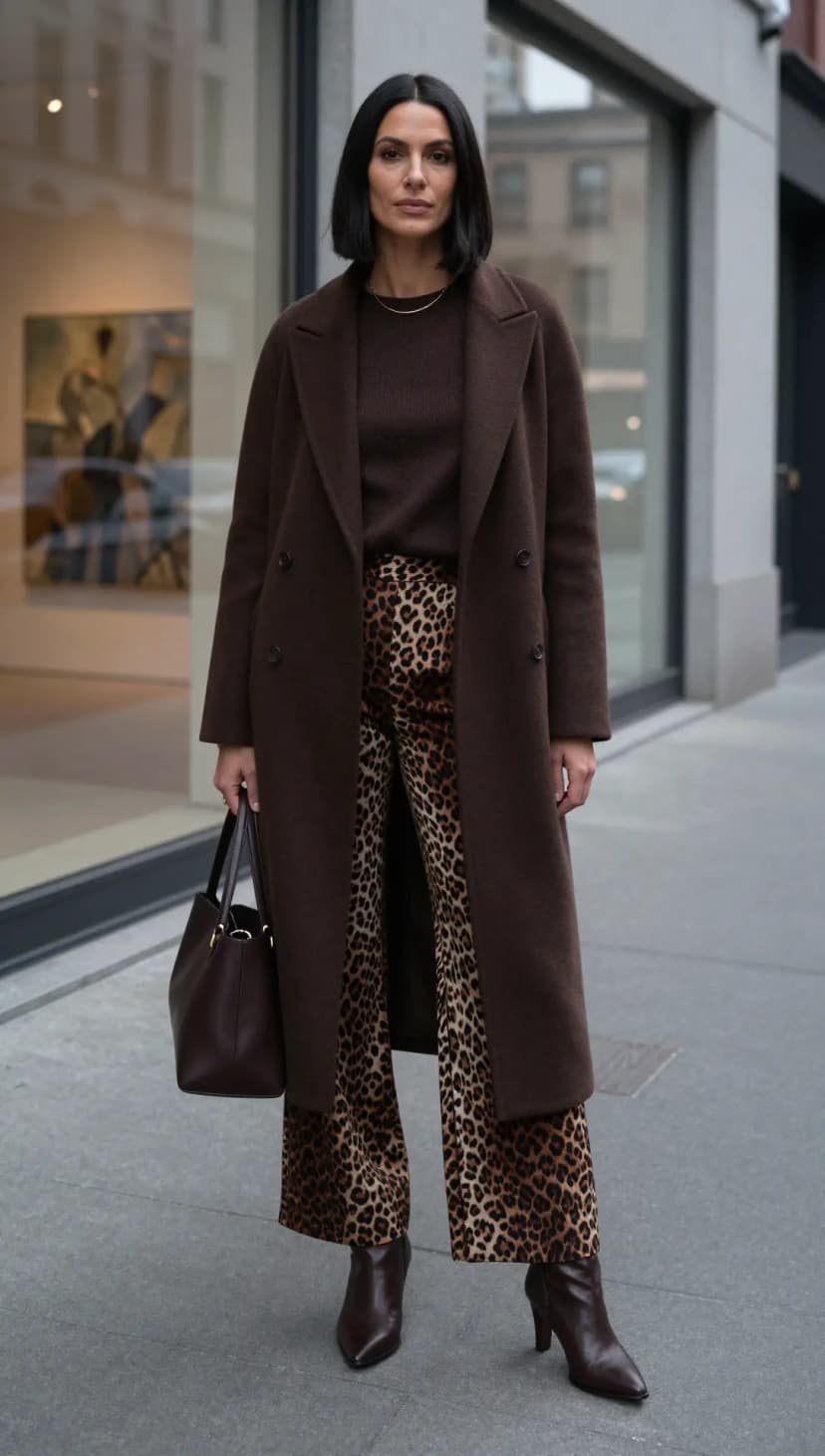 Brown Wool Coat + Brown Crew Neck Sweater + Leopard Print Wide Leg Pants + Burgundy Pointed Toe Boots