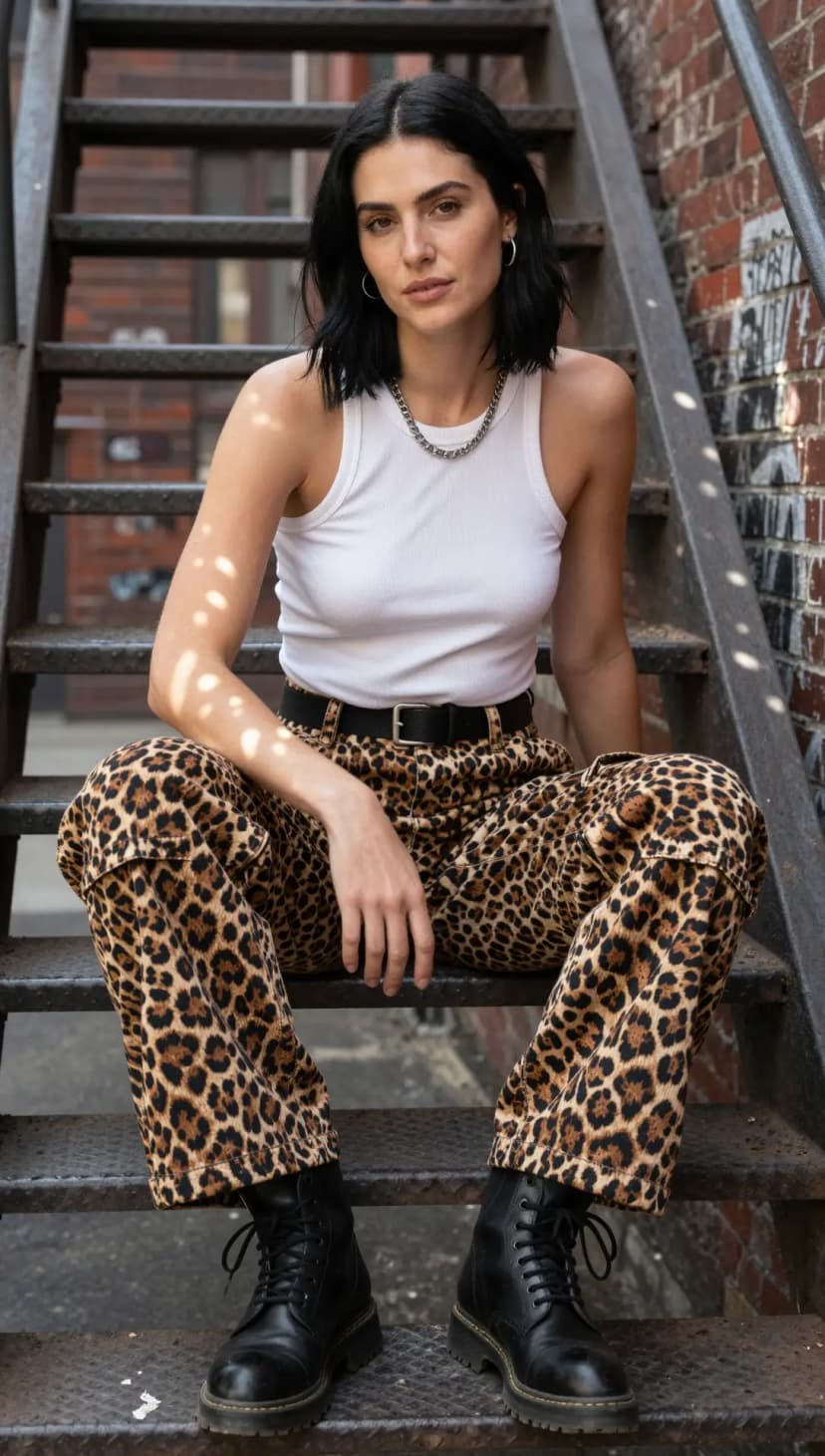 Leopard Print Cargo Pants + White Ribbed Tank Top + Black Combat Boots