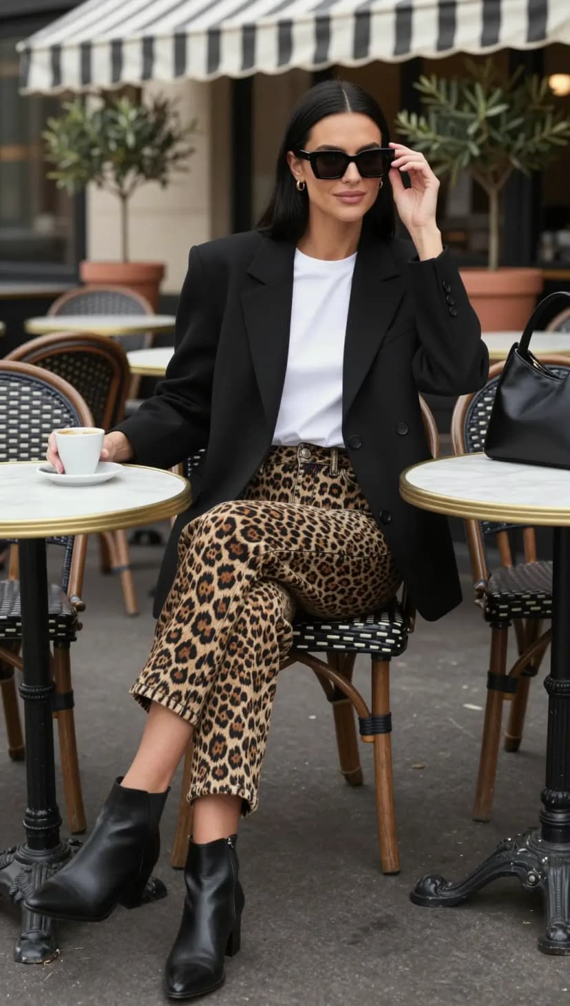 Leopard Print Pants + White T-shirt + Black Blazer + Black Ankle Boots
