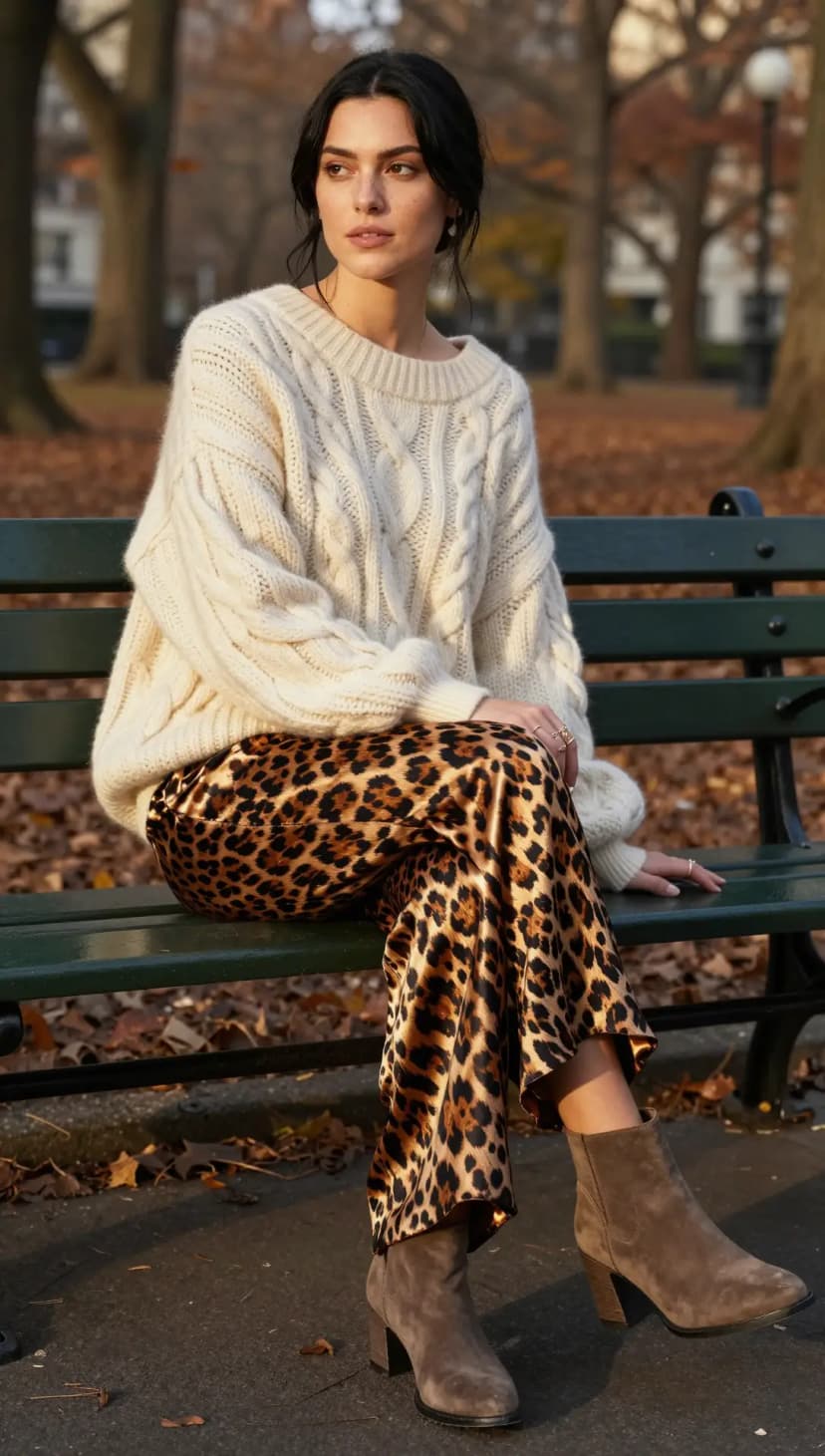 Cream Cable Knit Sweater + Leopard Print Satin Pants + Taupe Suede Ankle Boots