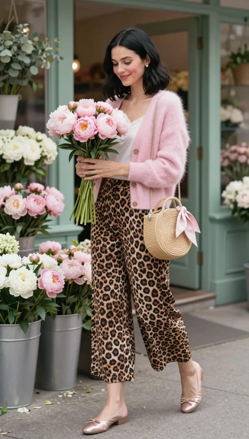 Pink Fuzzy Cardigan + White Lace Trim Tank Top + Leopard Print Wide Leg Pants + Straw Circle Bag + Rose Gold Ballet Flats