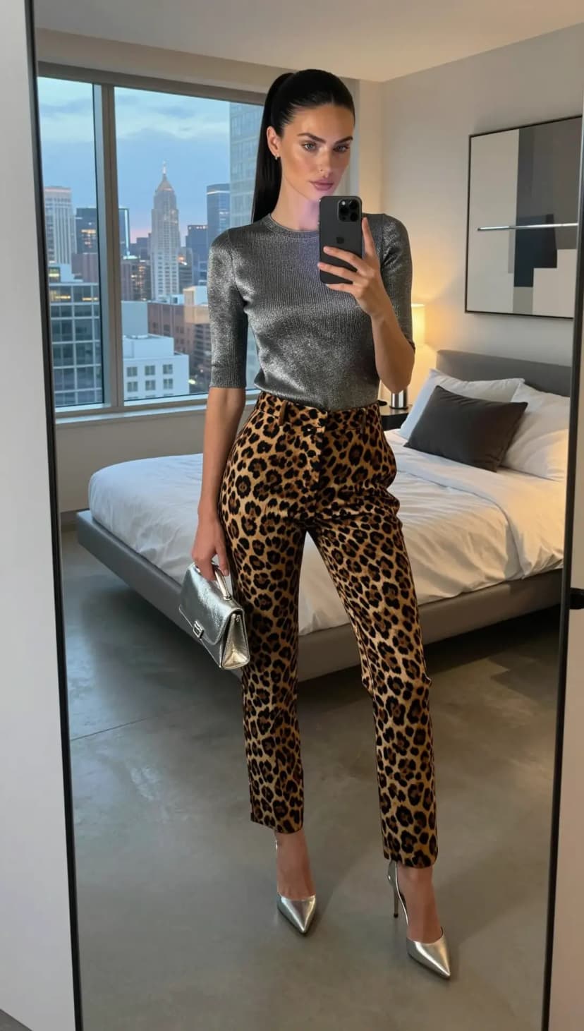 Leopard Print Pants + Silver Metallic Top + Silver Pumps + Silver Handbag