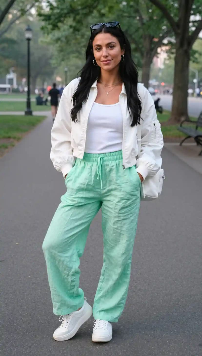 White Ribbed Tank Top + White Bomber Jacket + Mint Linen Pants